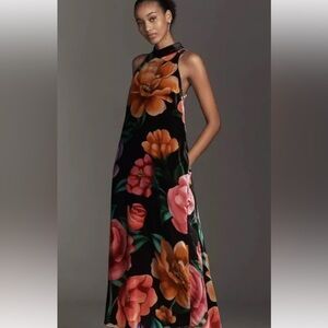 FARM Rio Anthropologie Black Midi Dress with Multicolor Floral Design NWT